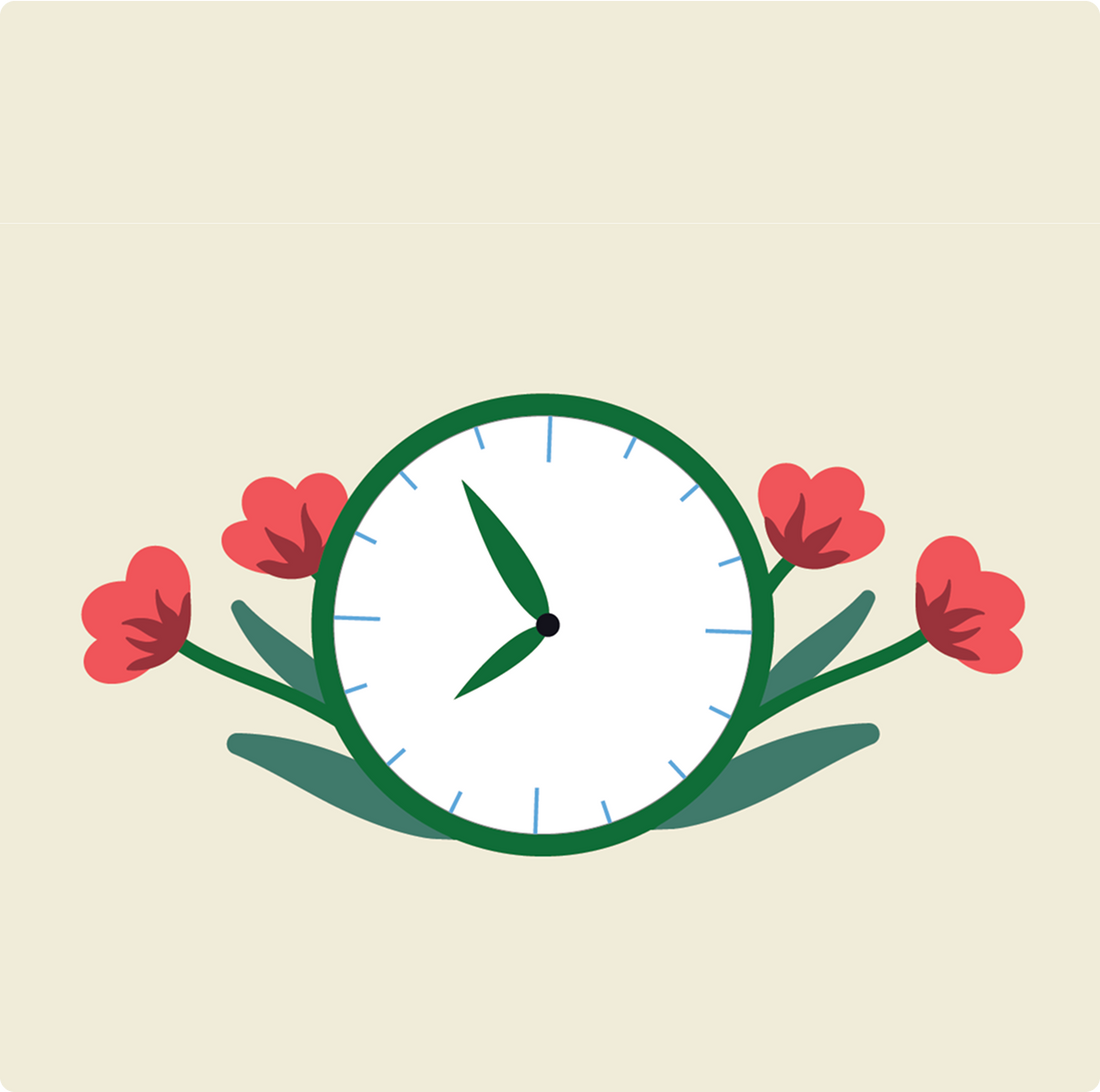 Illustration of a clock surrounded by flowers representing funeral prearrangement planning.