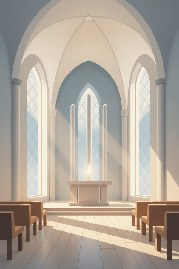 Minimalist, serene digital illustration for a funeral services website. color palette of the website, calm atmospheric lighting, smooth gradients, and gentle depth. Stylized landscape or interior scene with no people, conveying peace, dignity, and remembrance. Flat-to-semi-painterly style, modern editorial illustration, clean shapes, soft textures, premium and respectful mood, suitable for a service card or website tile. High resolution, vertical composition.