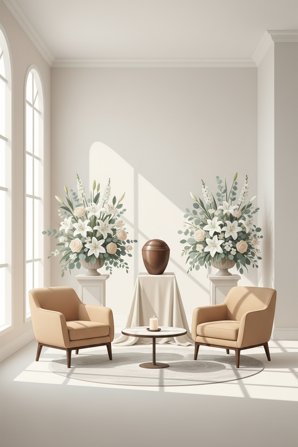 Minimalist, serene digital illustration of a exposition in a funeral parlor with family and relatives grieving togethe. Elegant and simple form, placed in a calm, peaceful setting. Soft muted color palette (colors of the website), gentle lighting, subtle gradients, and smooth painterly textures. No people, no text, no logos. Respectful, dignified, and comforting atmosphere. Modern editorial illustration style suitable for a premium funeral services website. Vertical composition, high resolution.